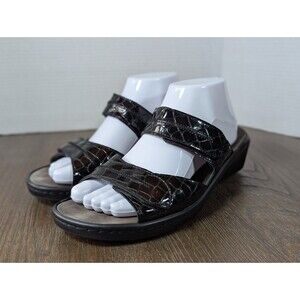 Mephisto Mobils Slip On Sandals 41 EU 9.5-10 US Black Patent Leather Wedge Strap